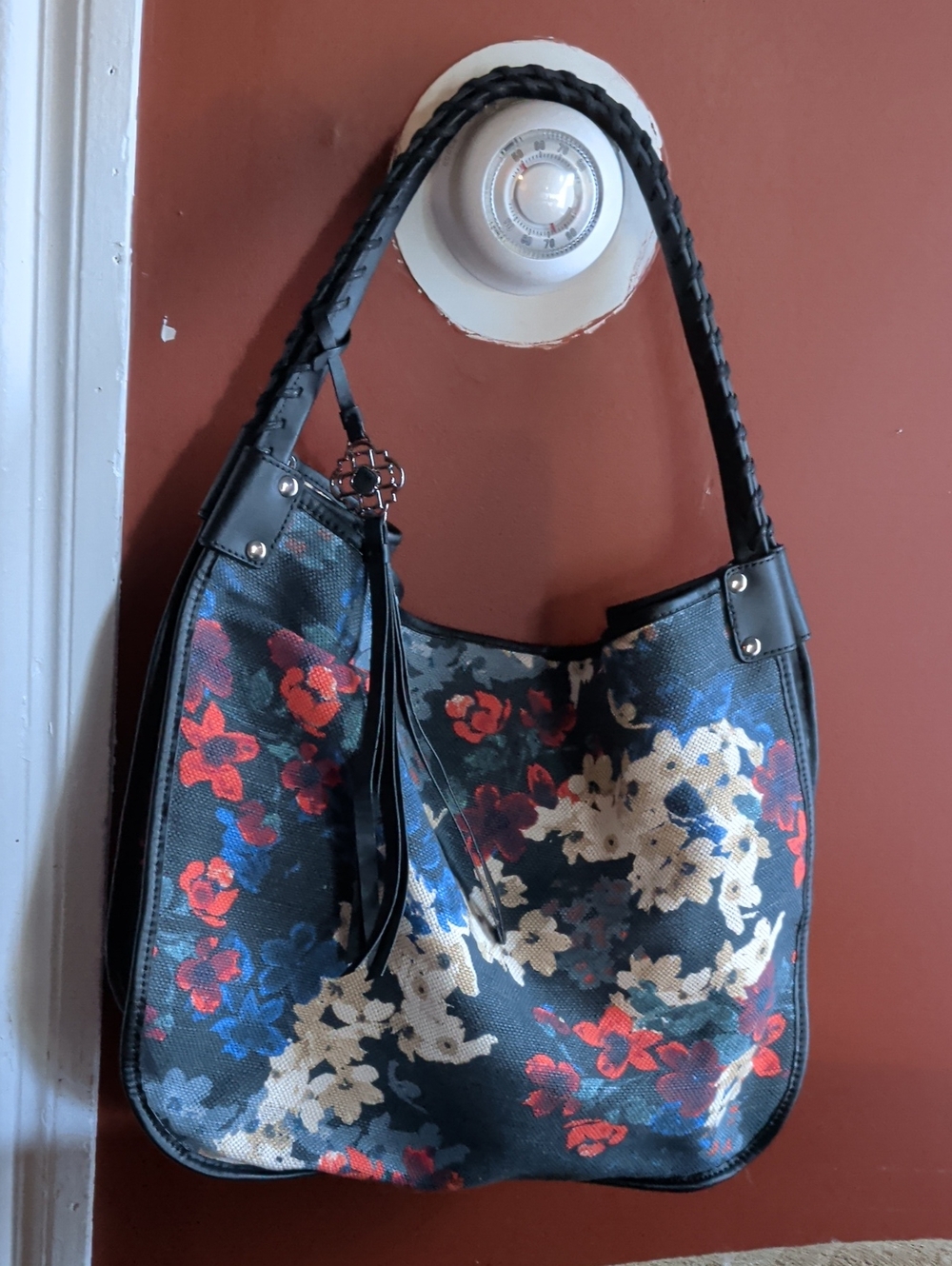 Black Floral Hobo Bag with Braided Shoulder Strap